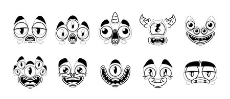 Black And White Cartoon Monster Face Emojis, Icons Or Avatars Set. Spooky Creatures With Bulging Eyes And Sharp Teethのイラスト素材