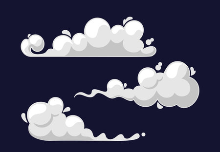 Cartoon White Cloud Of Smoke Trails, Cigarette Or Hot Drink Steam. Explosion, Traffic Fume Or Speed Trail, Cloud Puffのイラスト素材