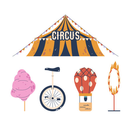 Circus Items Set. Big Top Tent, Candy Cotton, Monowheel Bike, Air Balloon and Burning Ring Isolated Elements on Whiteのイラスト素材