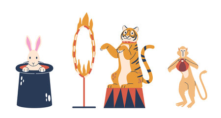 Cute Circus Animals, Monkey Juggler, Tiger Jumping Through Fire Ring And White Rabbit Sitting In Magician Hatのイラスト素材
