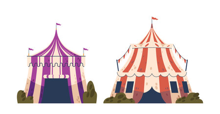 Colorful And Grand Circus Tents Inviting Wonder And Excitement Under Their Billowing Canopies, Vector Illustrationのイラスト素材