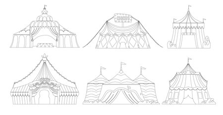 Circus Tents Outline Monochrome Vector Icons Set. Amusement Park Vintage Carnival Circus Tents With Flagsのイラスト素材