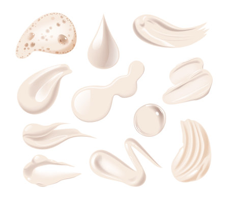 3d Vector Realistic Set Of Cosmetic Smears, White Cream Strokes For Skin Care. Different Shapes And Sizes Samplesのイラスト素材