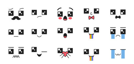 Kawaii Emojis, Unhappy, Crying Or Shy Face Feature Large, Square, Glistering Expressive Eyes, Tears, Blushing Cheeksのイラスト素材