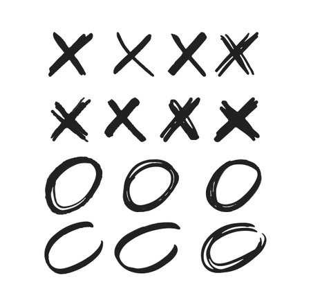 Crosses and Circles Manuscript Marks. Isolated Vector Monochrome X or O Signs on White Background....