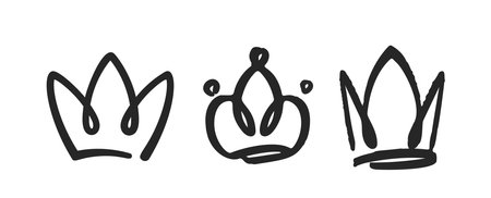 Doodle Crowns Monochrome Vector Elements. Humorous Hand-drawn Diadems, Tiaras, And Royal Headwear For Creative Projectsのイラスト素材