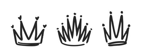Doodle Crowns, Comical Hand-drawn Diadems, Tiaras, And Regal Headpieces. Monochrome Vector Sketchy Elementsのイラスト素材