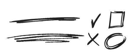 Manuscript Marks, Doodle Tick, Cross, Square and Circle, Strikethrough Underlines. Monochrome Vector Hand Drawn Signsのイラスト素材