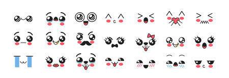 Kawaii Emojis Feature Adorable Expressions, Such As Smiling Faces With Rosy Cheeks, Hearts, Cute Animalsのイラスト素材