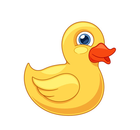 Small, Bright Yellow Rubber Duck, With A Friendly Face And Orange Beak, Used As A Bath Toy For Children. Funny Birdのイラスト素材