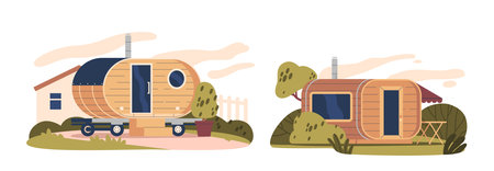 Barrel Baths Are Traditional Tubs Crafted From Wooden Barrels For Rustic Relaxing Bathing Experience, Natural Hot Springのイラスト素材