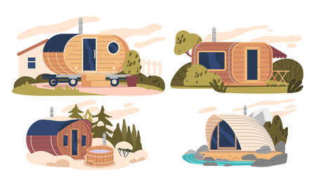 Barrel Bath Buildings at Nature. Wooden Tubs Typically Made From Oak Or Cedar, Often Used For Soaking In Hot Waterのイラスト素材