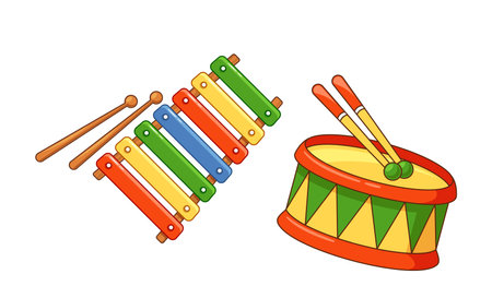 Kids Toys, Colorful Drum With Sticks, Producing Rhythmic Beats. Xylophone With Vibrant Keys, Creating Melodious Tunesのイラスト素材