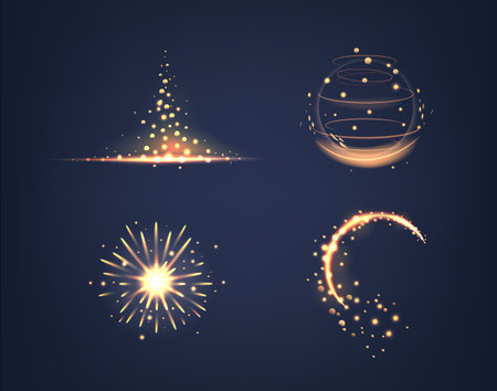 Golden Glow Cascades With Sparks And Luminous Shine, Futuristic Fire. Isolated Bursts Of Magic Swirl In A Digital Danceのイラスト素材