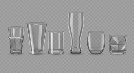 Realistic Drinking Glasses Of Different Shapes. 3d Vector Set Of Clear Sturdy Glasses For Liquidsのイラスト素材