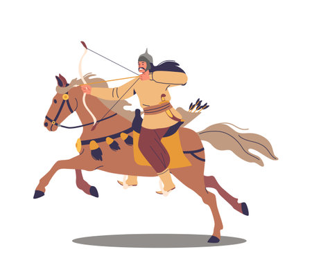 Asian Mongol Lone Archer Riding On Horseback Drawing His Bow, Poised To Release An Arrow, Vector Illustrationのイラスト素材