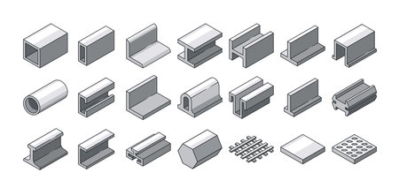 Steel Metal Products Vector Icons Set. Pipes, Beams, Bars, Girder Structures. Iron, Stainless Metallurgy Industry Itemsのイラスト素材