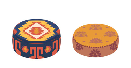 Two Round Eastern Decorative Floor Pillows, One With Vibrant Tribal Patterns And The Other Featuring Floral Motifsのイラスト素材