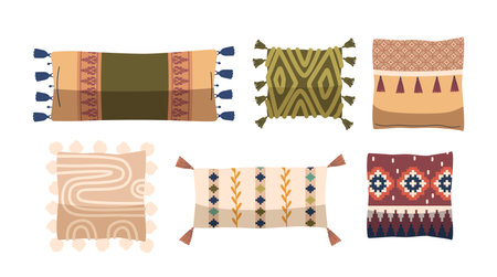 Vector Set of Decorative Pillows with Eastern-inspired Designs, Patterns And Tassel Details, Various Shapes And Colorsのイラスト素材