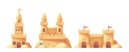 Collection Of Cartoon Sand Castles Showcasing Various Vector Designs, Completed With Flags And Embellishmentsのイラスト素材