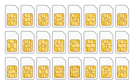 Collection Of Sim Cards With Circuit Pattern. Small Chips Used In Mobile Devices To Store Subscriber Informationのイラスト素材