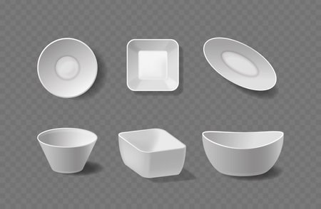 Collection Of Various White Plates And Bowls, Each With A Unique Shape And Design Isolated On Transparent Backgroundのイラスト素材