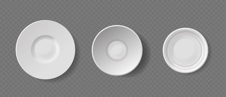 Set Of Three Different White Plates, Each With Unique Design Isolated On Transparent Background. Plates Vary In Depthのイラスト素材