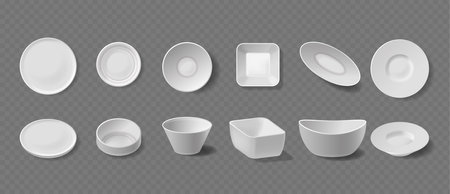 Assortment Of White Plates And Bowls In Various Shapes And Sizes. Realistic 3d Vector Tableware Collectionのイラスト素材