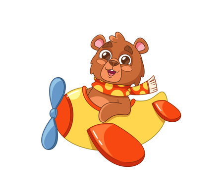 Cute Cartoon Bear Piloting A Yellow And Orange Airplane. Funny Bear Is Cheerfully Smile And Exudes Joy, Vectorのイラスト素材