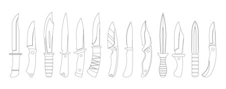 Black And White Vector Icons Set Showcasing A Variety Of Hunting Knives, Includes Different Styles And Blade Shapesのイラスト素材