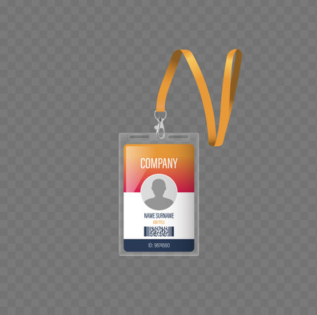 Professional Id Badge With Orange Lanyard, For Business And Corporate Use. Badge Features A Name, Title, And Barcodeのイラスト素材