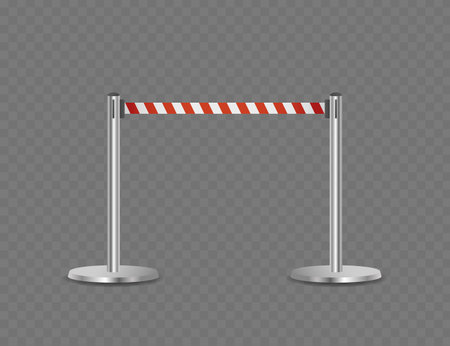 Metal Posts Connected By Red And White Striped Ribbon Isolated On Transparent Background. Realistic Vector Illustrationのイラスト素材