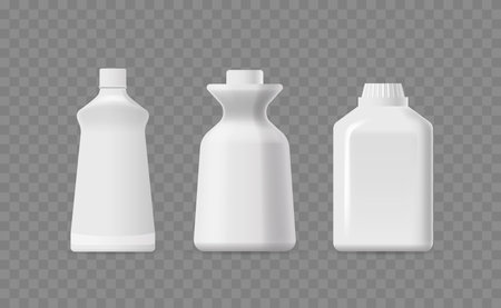 Set Of Three Realistic, Empty Plastic Detergent Bottles Isolated On A Transparent Background, 3d Vector Illustrationのイラスト素材