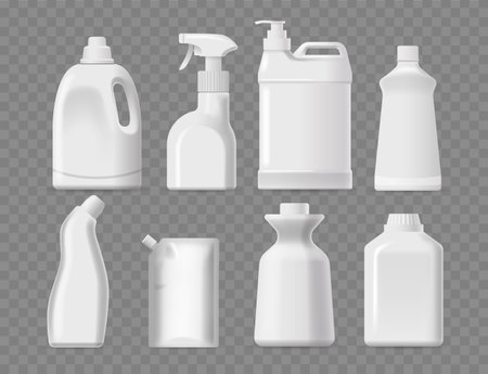 Assortment Of Eight White Plastic Detergent Bottles In Different Shapes And Sizes Isolated On Transparent Backgroundのイラスト素材