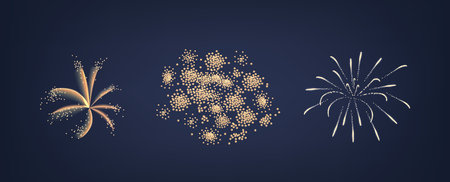 Three Stunning Styles Of Fireworks, Classic Bloom Effect, Cluster Of Golden Sparks And Radial Spray Pattern in Dark Skyのイラスト素材