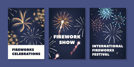 Three Vibrant Banners Featuring Spectacular Fireworks Displays, With Text Fireworks Celebrations, Showのイラスト素材