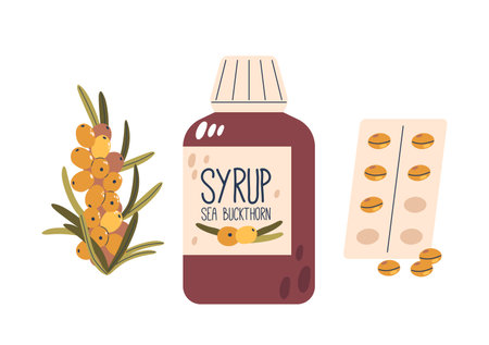 Sea Buckthorn Products Including Syrup And Dietary Capsules. Cartoon Vector Illustration Highlights The Berriesのイラスト素材