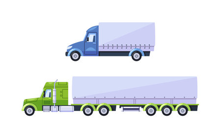 Vector Cargo Trucks, One Blue Mid-sized And One Green Large Truck With A Trailer, For Content Related To Logisticsのイラスト素材