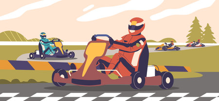 Go-kart Race With Multiple Drivers Sharply Maneuvering Their Karts On A Curvy Outdoor Track. Colorful Karts Speed Pastのイラスト素材