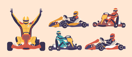 Kart Racing Vector Set With Multiple Racers In Various Positions. One Driver Celebrates A Victory With Raised Armsのイラスト素材