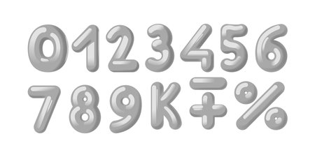 Vector Set Of 3d Metallic Numerals And Common Mathematical Symbols, Crafted In A Smooth Gray Finish On White Backgroundのイラスト素材