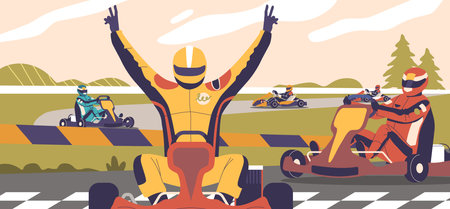 Thrilling Moment Of A Go-kart Race, Featuring Drivers In Colorful Racing Suits And Helmets, Cartoon Vector Illustrationのイラスト素材