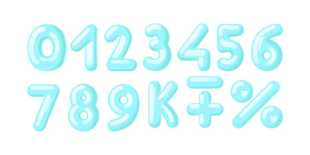 Collection Of 3d Numerical Characters In Blue Shades Featuring Digits 0 Through 9, A Percentage Symbol, Plus And Minusのイラスト素材