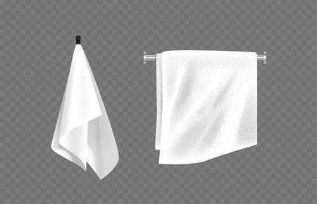 Two White Terry Towels, One Hanging On A Hook And Another On A Towel Rail Isolated On Transparent Background, 3d Vectorのイラスト素材