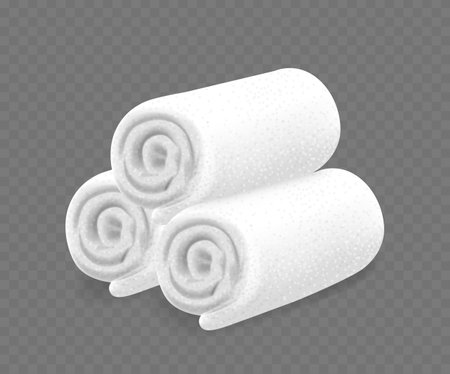 Three Elegantly Rolled White Terry Towels Isolated On Transparent Background. Realistic 3d Vector Bathroom Essentialsのイラスト素材