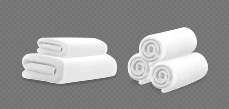 Neatly Stacked And Rolled White Terry Towels Isolated On A Transparent Background. Realistic 3d Vector Household Textileのイラスト素材