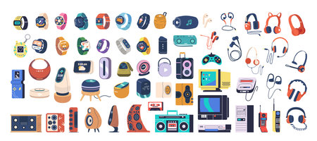 Collection Of Electronic Devices Ranging From Modern Smartwatches And Wireless Headphones To Retro Gaming Consolesのイラスト素材