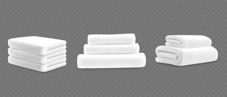 Three Groups Of White Stacked Terry Towels In Different Angle View. Realistic 3d Vector Mockups For Presentationのイラスト素材