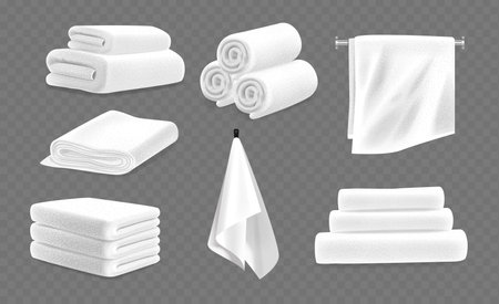 White Terry Towels, Including Rolled, Folded, And Hanging Types, Isolated On Transparent Background. Realistic 3d Vectorのイラスト素材