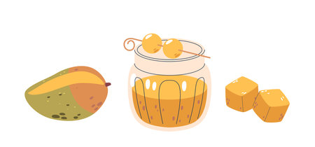 Refreshing Mango Cocktail, Served In Stylish Glass Jar, Accompanied By Fresh, Whole Mango And Neatly Cubed Piecesのイラスト素材